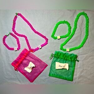 2-pc. bead initial necklace and bracelet set. Pink or Green. For Teens.